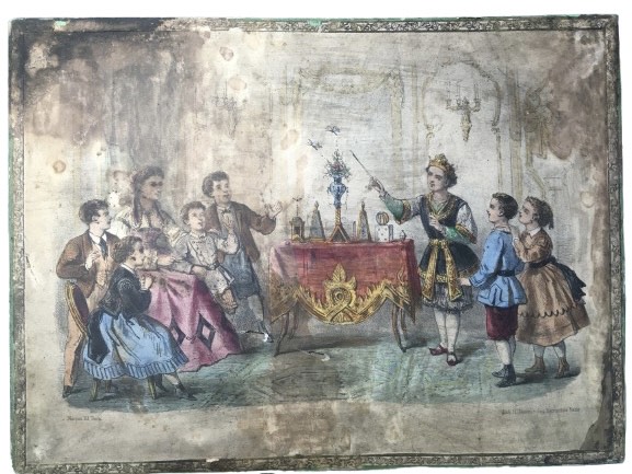 Boîte de magie du 19 ème siècle, extrêmement sale, avec d'importantes salissures